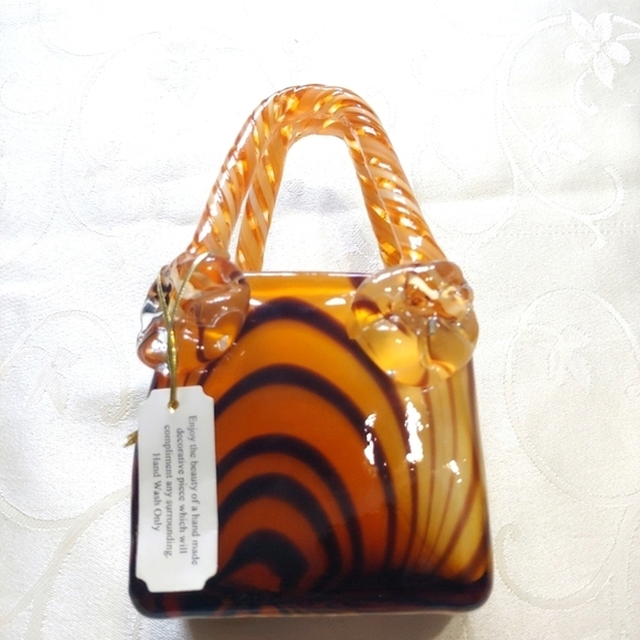 Blown Decorative Glass Tiger Striped Glass Hand Bag - Picture 1 of 10